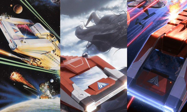 A triptych of futuristic spacecraft scenes: left, a spacecraft navigating a cosmic battlefield near a planet; center, a colossal alien whale-like creature emerging from clouds above Star Tours; right, a spacecraft