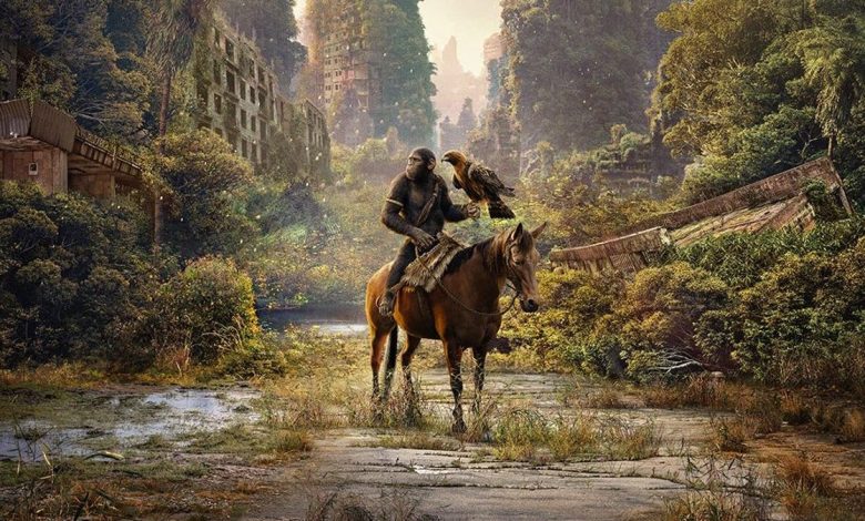 A post-apocalyptic scene from the new extended Planet of the Apes trailer, depicting a man and a young girl riding a horse through an overgrown city with lush greenery, dilapidated buildings