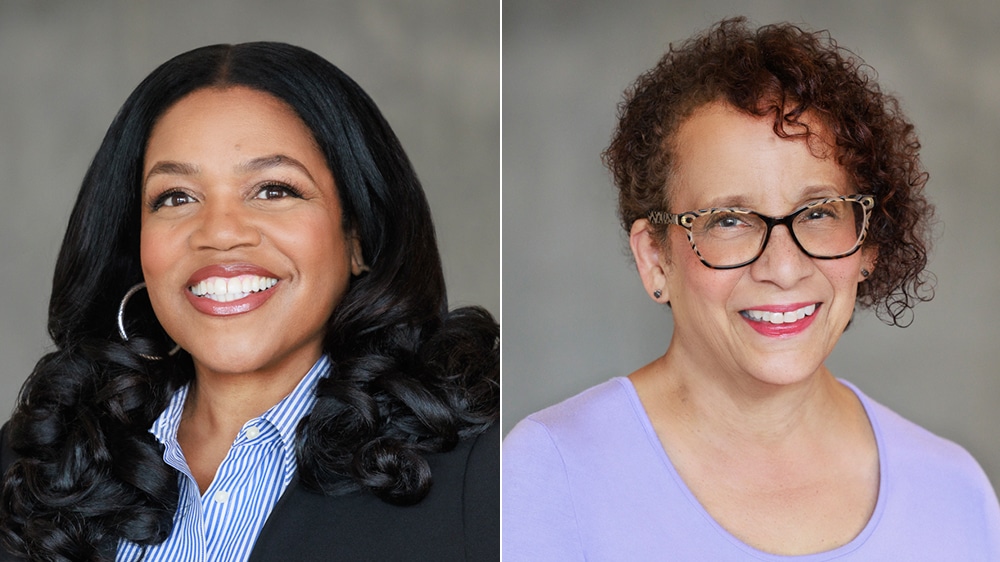 Two headshot portraits, side by side. On the left, a black woman with long, wavy hair and a striped shirt smiles. On the right, a white woman with curly hair and glasses