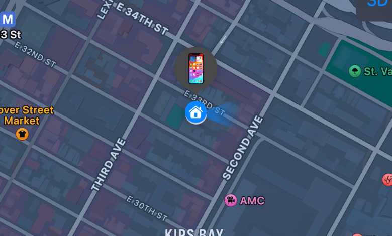 A digital map displaying a section of a city with street names like "E 32nd St" and "Second Ave." Icons such as a teardrop-shaped location marker and an iPhone symbol from