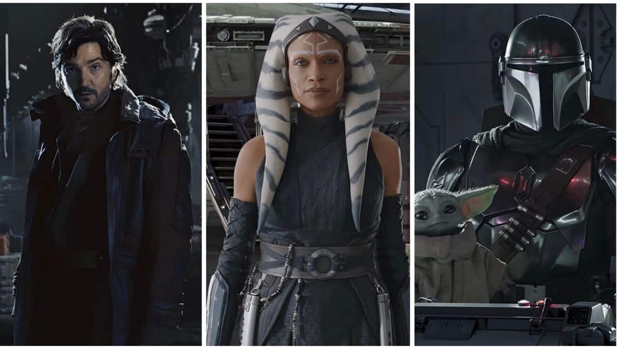 A collage of three characters from Star Wars. On the left, a man in a dark robe, in the middle, a woman with white and blue head tails, and on the right, a character
