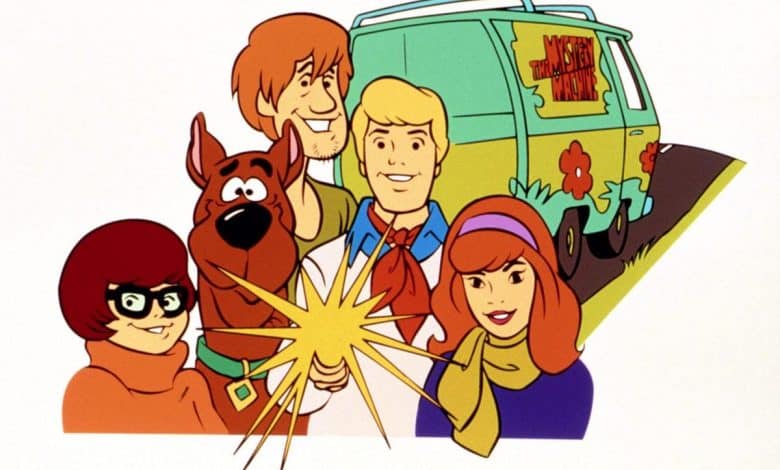 Illustration of the scooby-doo gang with their mystery machine van. from left to right: velma, shaggy holding scooby-doo, fred, and daphne, all smiling. bright colorful backdrop with a groovy 70s vibe.