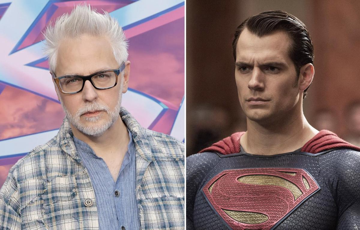 Split image featuring two men: on the left, a mature man with white hair and glasses, wearing a plaid shirt, standing before a pink and blue backdrop; on the right, a younger man in a superman costume with a serious expression.