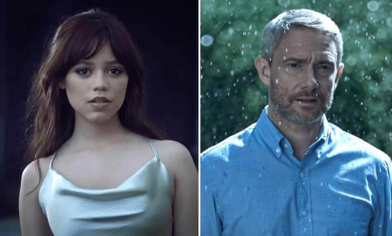 Split image: left, a young woman with shoulder-length brown hair in a tank top, looking pensive; right, an older man with gray hair and beard in a blue shirt, standing in the rain looking solemn.