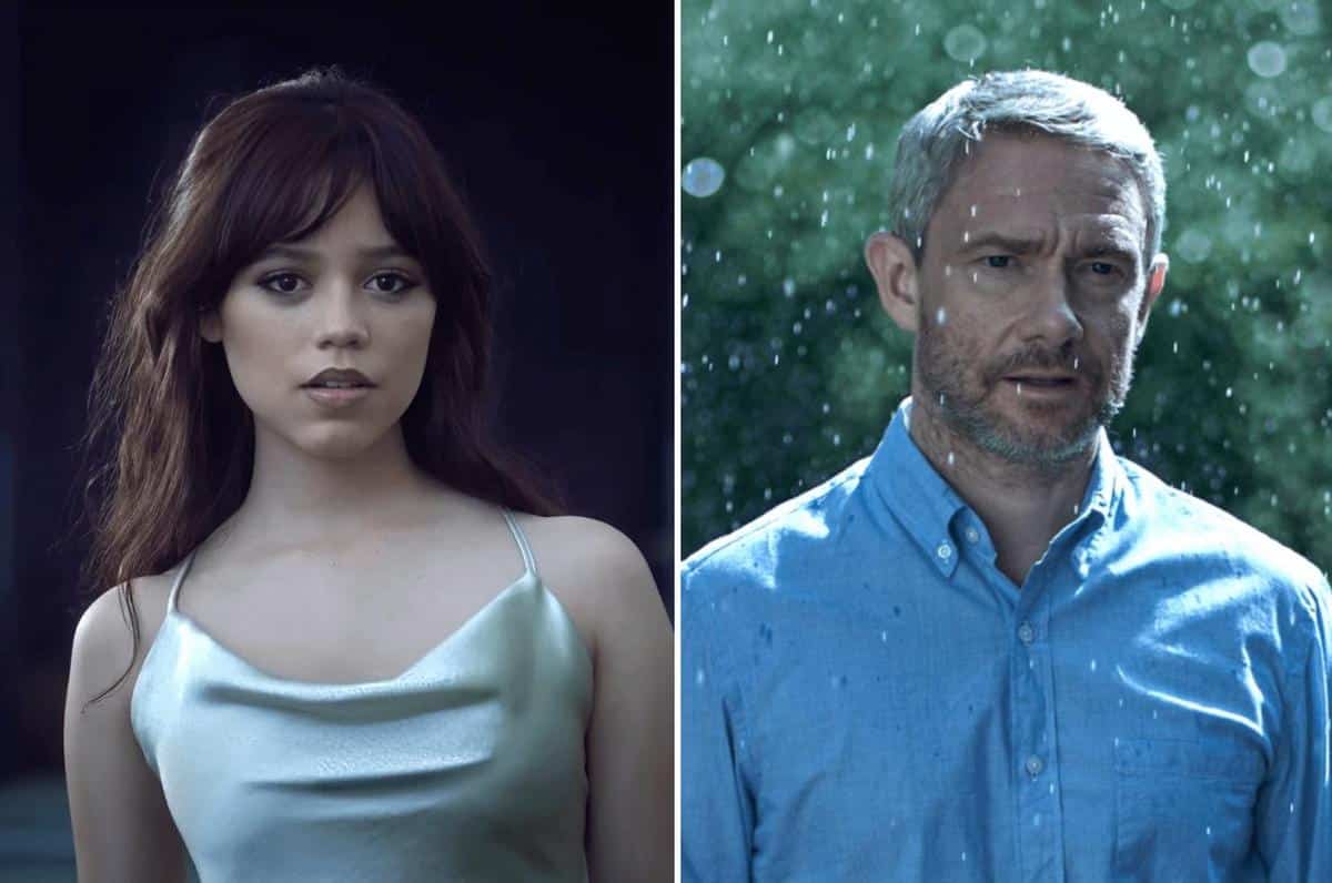 Split image: left, a young woman with shoulder-length brown hair in a tank top, looking pensive; right, an older man with gray hair and beard in a blue shirt, standing in the rain looking solemn.