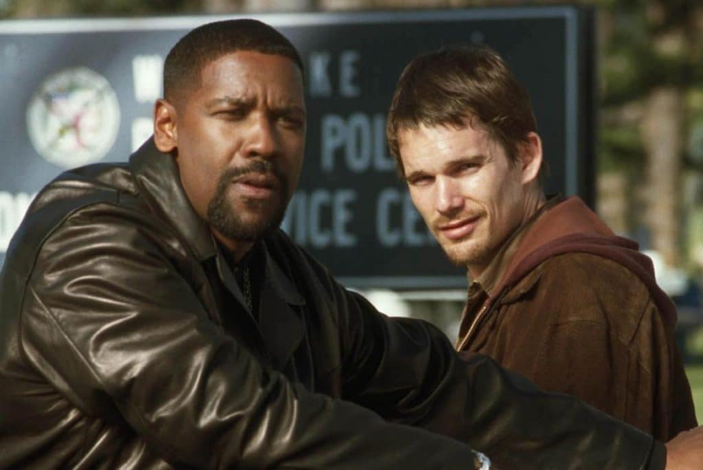 Two men in a park, one african-american in a black leather jacket, the other caucasian in a brown jacket, both looking seriously towards the camera with a police sign in the background.