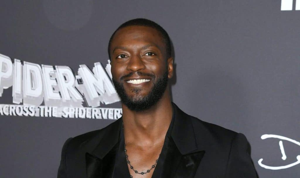 A man smiling at a 'spider-man: across the spider-verse' event. he's wearing a black suit and has a short beard, set against a promotional backdrop with the movie title.