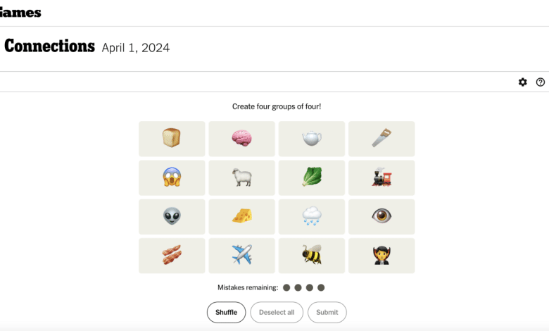 A screenshot of an online game titled "NYT 'Connections'" dated April 1, 2024, featuring a grid with 16 emojis, including various animals, foods, and objects, instruct