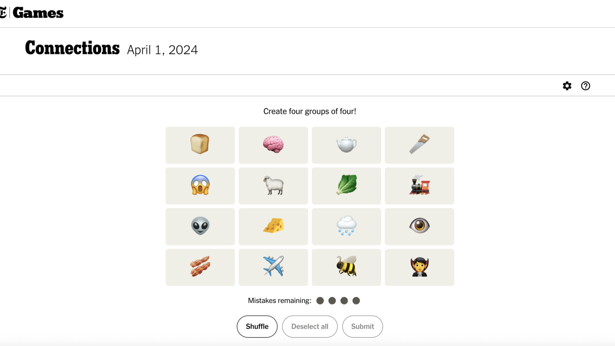 A screenshot of an online game titled "NYT 'Connections'" dated April 1, 2024, featuring a grid with 16 emojis, including various animals, foods, and objects, instruct