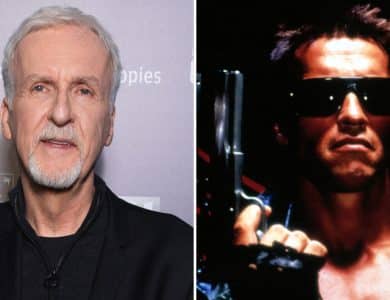 Split image with director James Cameron on the left, smiling and wearing a dark jacket at a red carpet event, and the Terminator on the right, portrayed by Arnold Schwarzenegger, in dark sunglasses