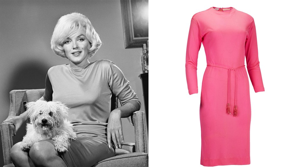 Black and white photo of Marilyn Monroe sitting on a chair, smiling, with a small, fluffy white dog on her lap, next to a color image of a chic, pink long-sleeve dress