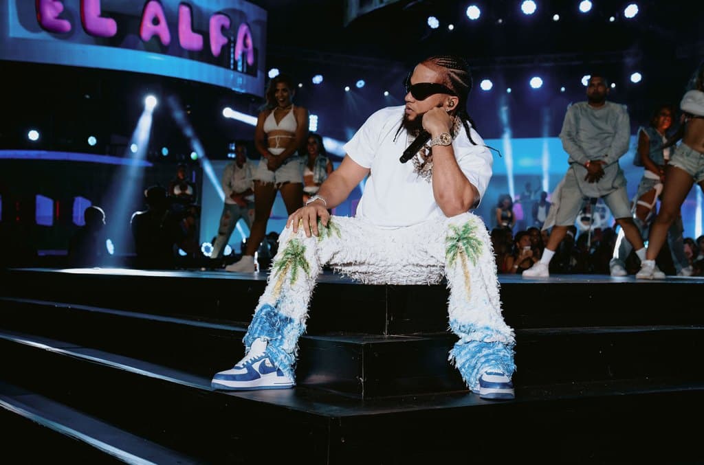 A performer with braided hair and sunglasses sits confidently on stage steps, wearing a striking feathered outfit and sneakers. The background features dancers in white outfits on a dimly lit concert stage, with the