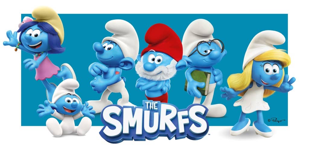 Illustration of five Smurfs' cast members revealed, including Papa Smurf in the center, with the words "the Smurfs" prominently displayed below. Each smurf is uniquely posed and