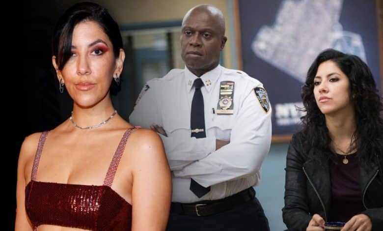 A collage honoring André Braugher at a reunion, featuring three people: on the left, Stephanie Beatriz in a glittery red top and makeup; in the center, an older bald black man