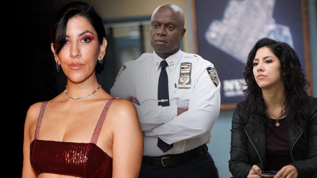 A collage honoring André Braugher at a reunion, featuring three people: on the left, Stephanie Beatriz in a glittery red top and makeup; in the center, an older bald black man