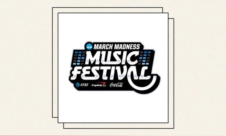 Logo for the March Madness music festival featuring stylized text with "Jonas Bros Top 2024 March Madness Festival" on top, "music festival" at the bottom, and sponsored by AT&T