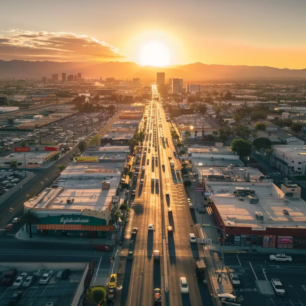An aerial view of a bustling city street at sunset, with the sun aligning perfectly with the street's centerline, casting a warm glow. buildings line both sides of the road, and traffic flows steadily.
