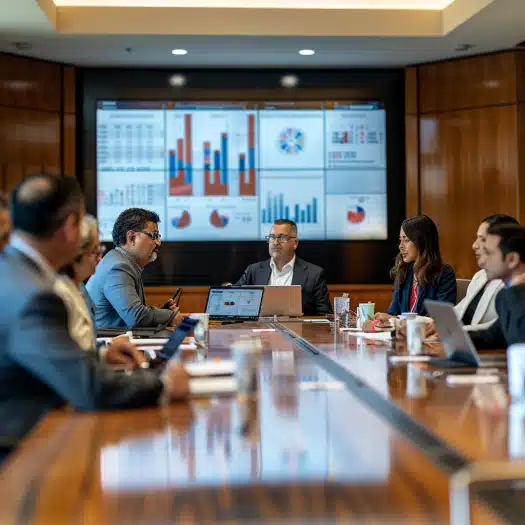 A group of diverse business professionals engaged in a meeting around a conference table, with laptops open and a digital presentation displaying graphs in the background. focus is on a central figure speaking.