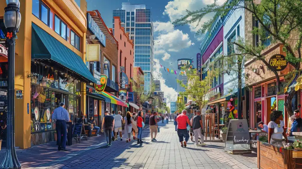 A vibrant city street bustling with pedestrians. colorful storefronts line the sidewalk, displaying signs, flags, and quaint awnings. skyscrapers loom in the background contrasted with the sunny, blue sky.