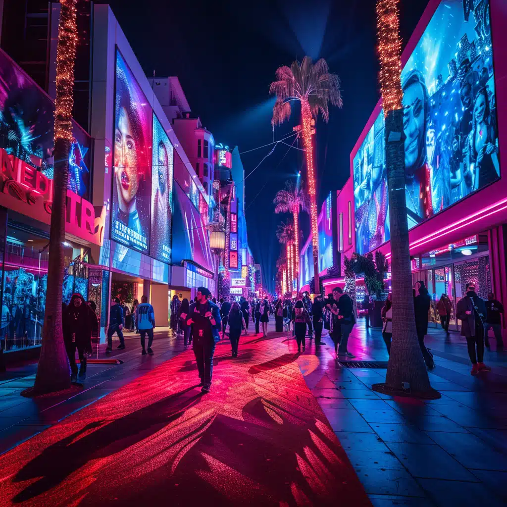 Vibrant night scene on a busy street lined with large, illuminated billboards featuring movie images. colorful lights reflect on the wet pavement, framed by palm trees, with people walking and mingling.