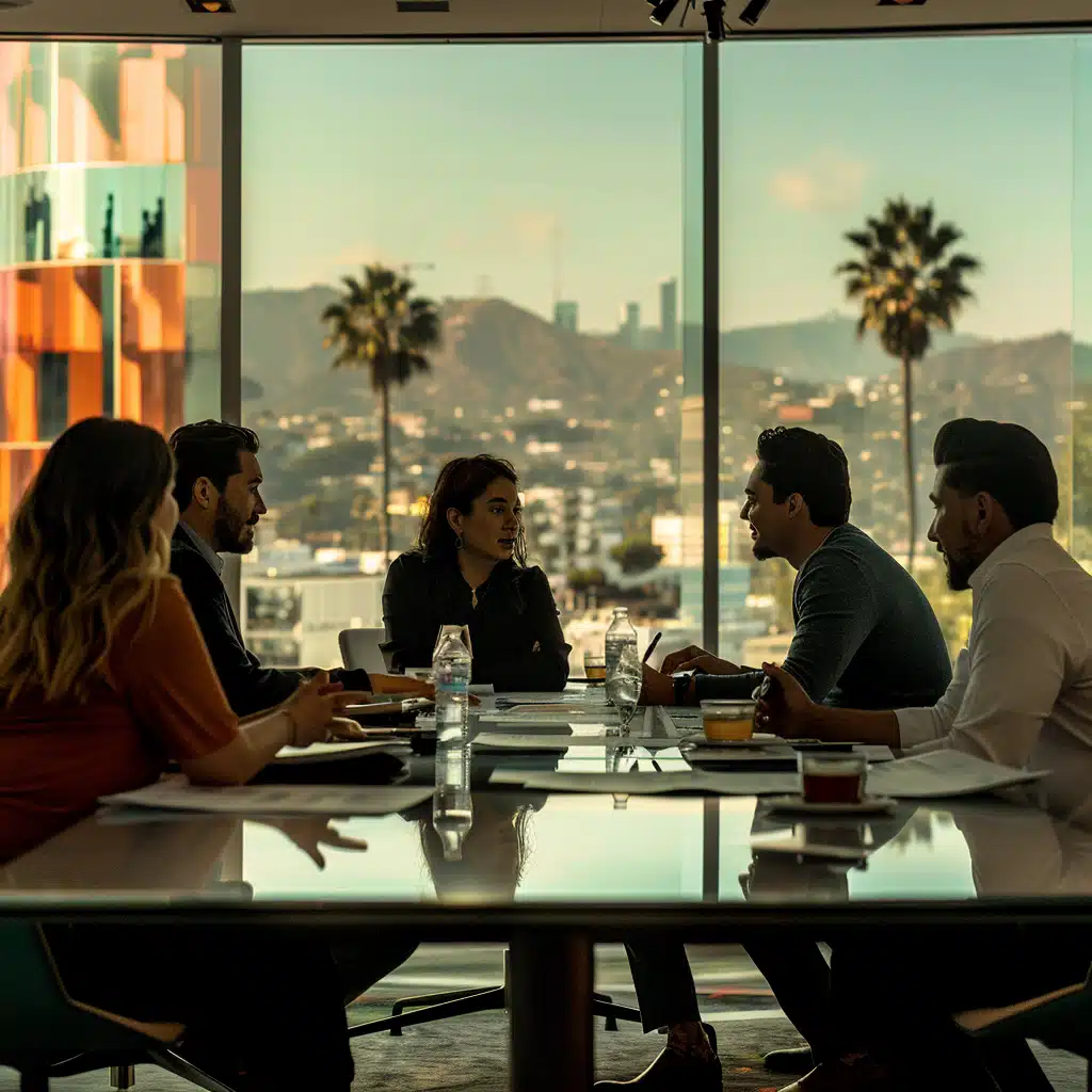 Diverse group of professionals engaged in a meeting around a conference table with water bottles and notebooks, in a room with large windows overlooking a cityscape with hills, under a clear sky.
