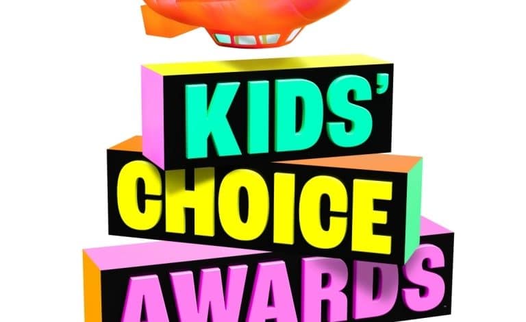 Image of the Nickelodeon Kids' Choice Awards 2024 logo. A bright orange blimp with the Nickelodeon logo hovers above bold, colorful 3D text stacks reading "Kids' Choice Awards 2024" in teal, yellow, black, pink, and purple against a white background, celebrating SpongeBob SquarePants' 25th Anniversary.