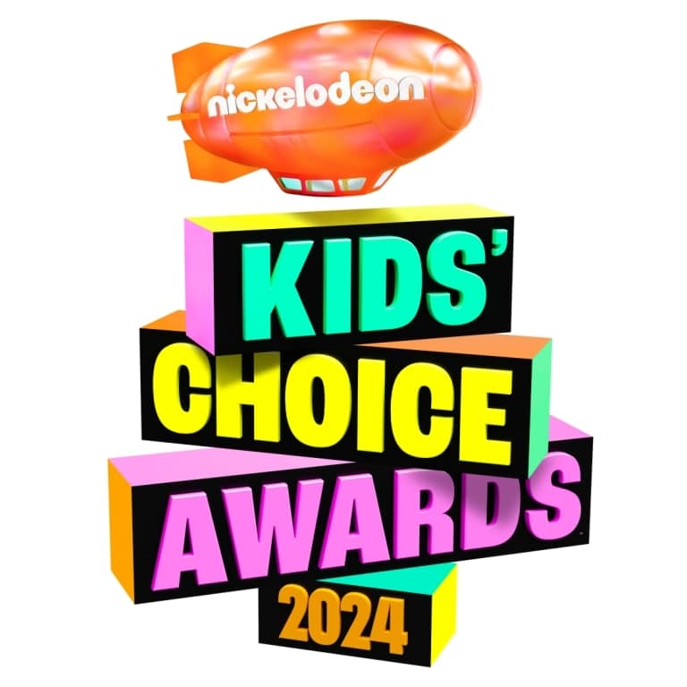 Image of the Nickelodeon Kids' Choice Awards 2024 logo. A bright orange blimp with the Nickelodeon logo hovers above bold, colorful 3D text stacks reading "Kids' Choice Awards 2024" in teal, yellow, black, pink, and purple against a white background, celebrating SpongeBob SquarePants' 25th Anniversary.