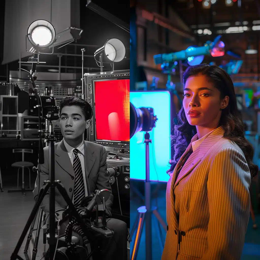 Split image of two scenes in a film studio: on the left, a man in a vintage suit sits beside old television equipment under warm lighting; on the right, a woman in a modern striped suit stands under cool blue and pink lights.