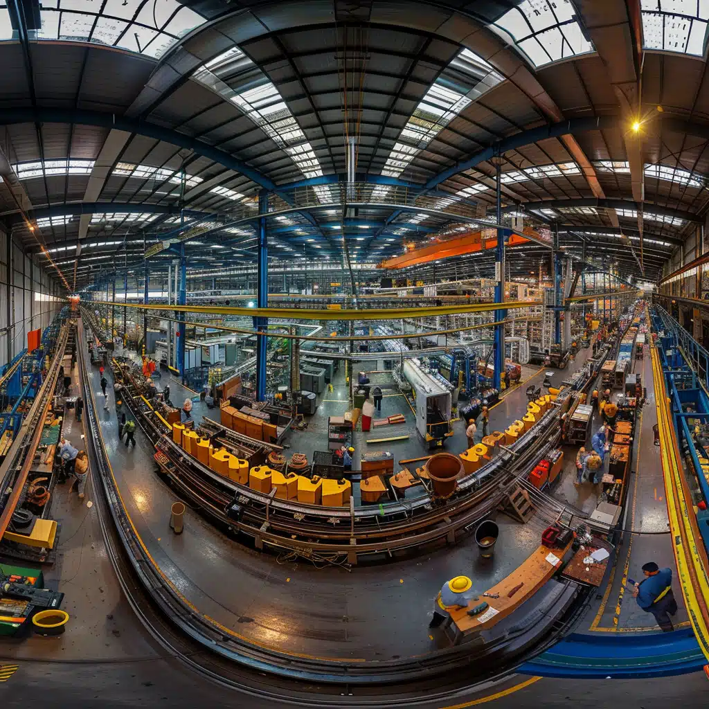 A panoramic view inside a bustling factory with a curved assembly line, various machinery, workers at different stations, high ceilings with skylights, and vibrant overhead lighting.