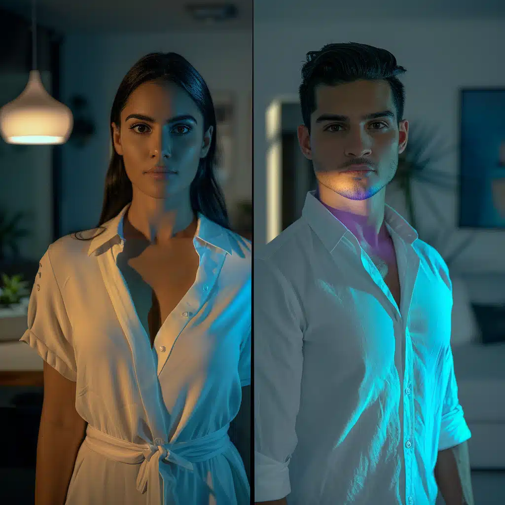 A split image of a woman and a man in moodily lit interiors. the woman, left, in a white shirt, stares intently. the man, right, also in a white shirt, looks forward under colored lighting. both exude a dramatic and mysterious aura.