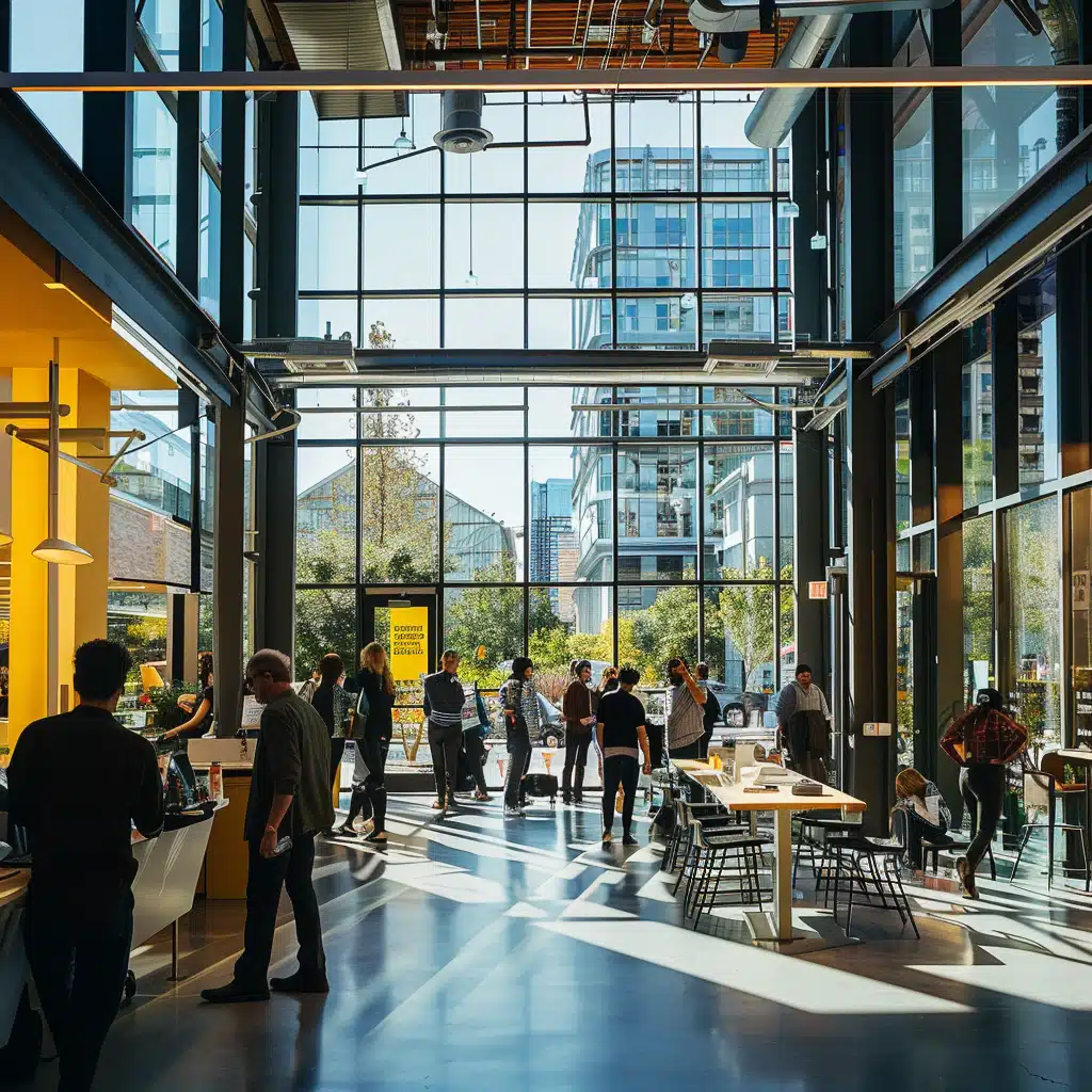 Modern office lobby with large windows displaying city buildings outside. people, mostly seen from the back, stand and converse in small groups. the interior features vibrant yellow pillars and beams, with scattered tables and chairs.