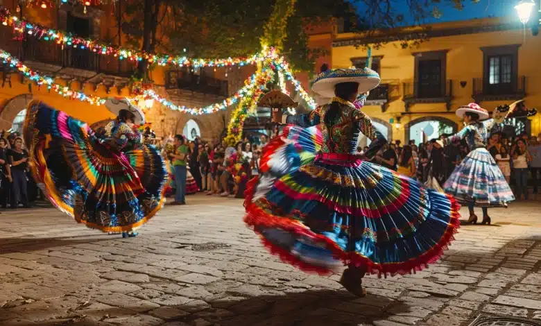 Dancers in vibrant, multicolored traditional dresses perform a folk dance at night in a cobblestone square, surrounded by onlookers and festive lights, swaying to the rhythms of Latino pop