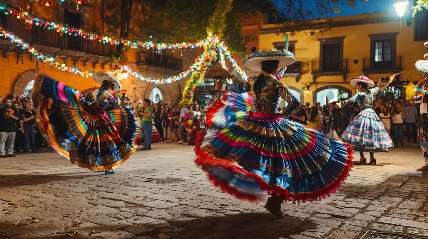 Dancers in vibrant, multicolored traditional dresses perform a folk dance at night in a cobblestone square, surrounded by onlookers and festive lights, swaying to the rhythms of Latino pop