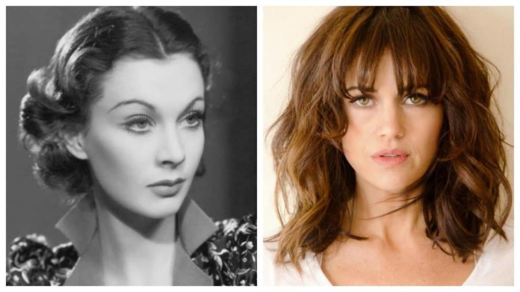 Split image: left, a black and white portrait of a 1940s actress with elegant wavy hair and a thoughtful expression. right, a modern-day woman with messy, shoulder-length brown hair and bangs, looking directly at the camera.