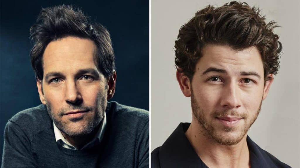 Split image of two men: on the left, a man with stubble and dark, slightly tousled hair, wearing a dark jumper, gazes intently. on the right, a younger man with curly hair and a light beard looks directly at the viewer.