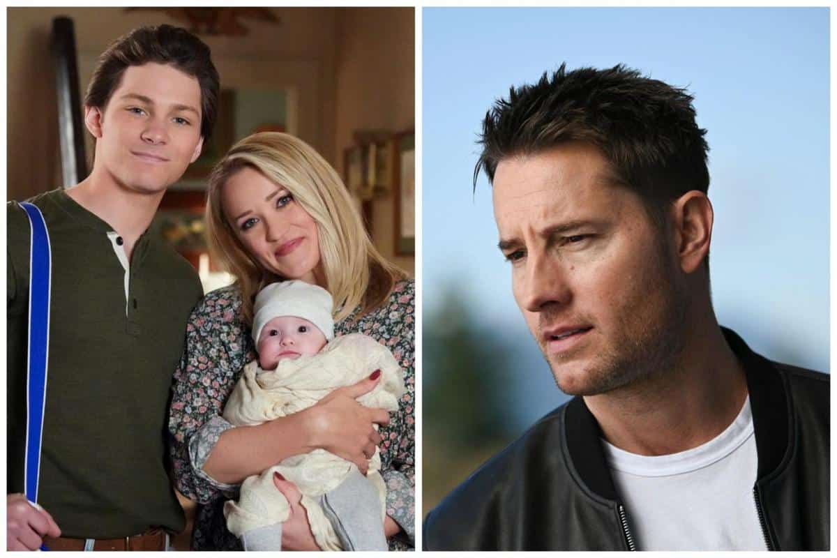 Split image: left - a young man and a woman holding a baby, smiling in a cozy room. right - a man with dark spiked hair, looking pensive, wears a white t-shirt and leather jacket.