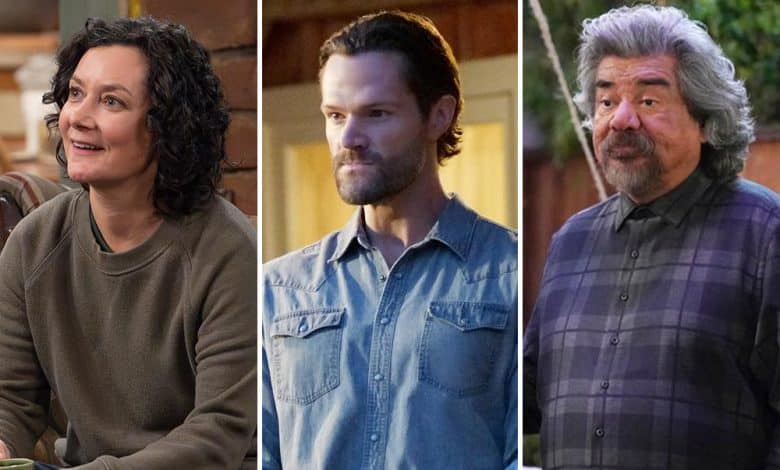Three separate images of actors in character: left is a woman with curly hair in a green sweater, middle shows a man in a denim shirt with a beard, and right features a man with grey hair in a plaid shirt.