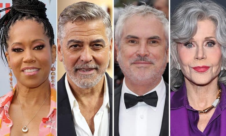 Four headshots of celebrities at red carpet events, featuring two men and two women, all dressed in formal attire, displaying varying hairstyles and expressions. each background differs slightly, indicating separate events.