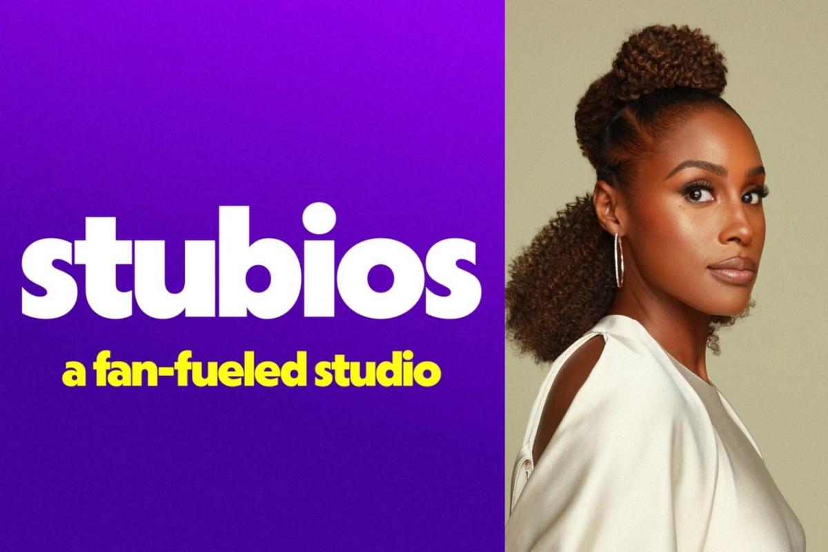 A confident young black woman with natural hair styled in a top bun and side braids, wearing a cream blazer, is on the right. on the left, a bright purple background features the logo "stubios" and tagline "a fan-fueled studio" in white text.