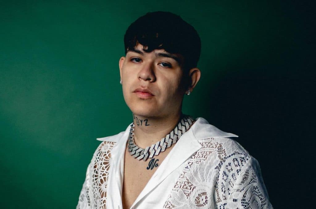 A young man with short dark hair and visible tattoos on his neck, wearing a white lace top, poses against a dark green background. his expression is serious and contemplative.