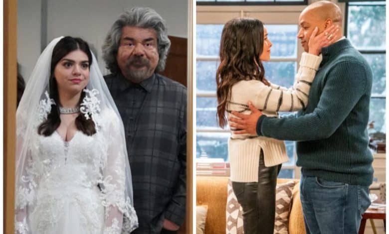 Two scenes from a tv show: on the left, a young bride in a detailed white gown stands beside an older man with long gray hair. on the right, a middle-aged man and woman embrace warmly in a cozy living room setting.