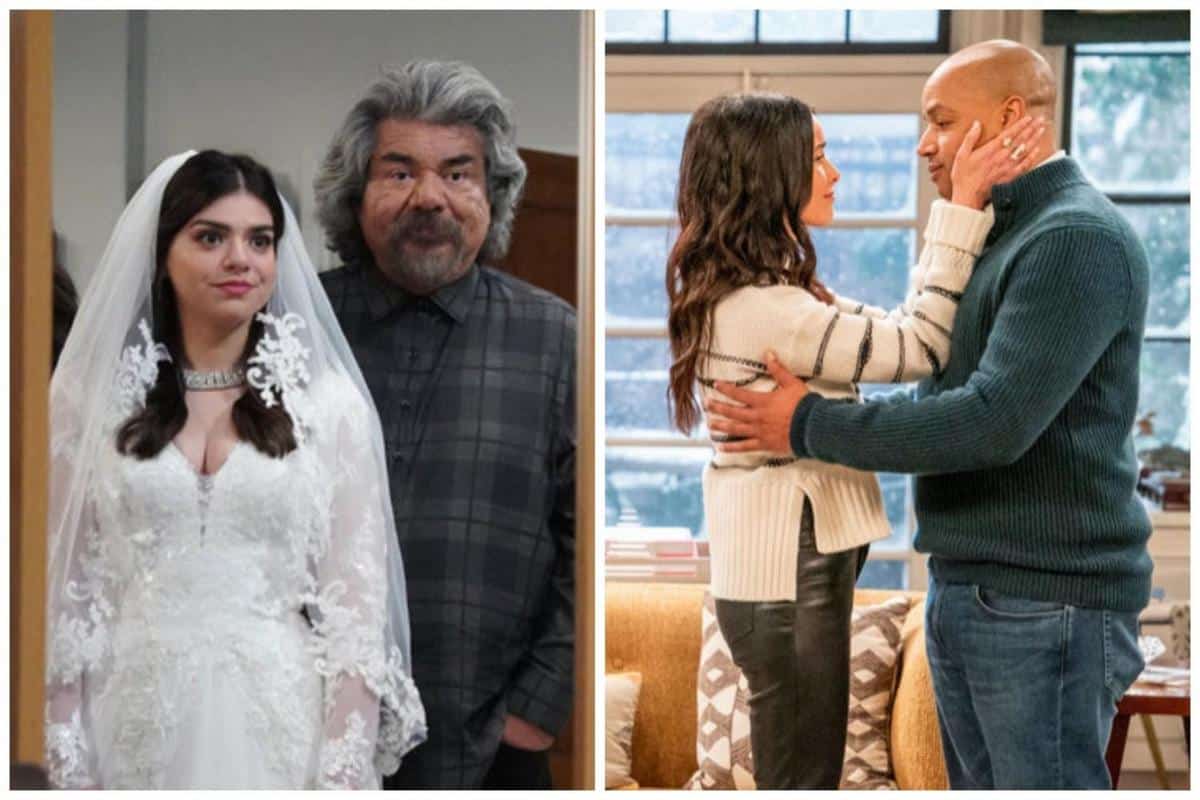 Two scenes from a tv show: on the left, a young bride in a detailed white gown stands beside an older man with long gray hair. on the right, a middle-aged man and woman embrace warmly in a cozy living room setting.