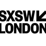 The image shows a logo reading "sxsw london" in bold, black uppercase letters against a white background. the letters are closely spaced, and there is a registered trademark symbol after "london".