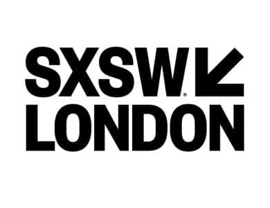 The image shows a logo reading "sxsw london" in bold, black uppercase letters against a white background. the letters are closely spaced, and there is a registered trademark symbol after "london".