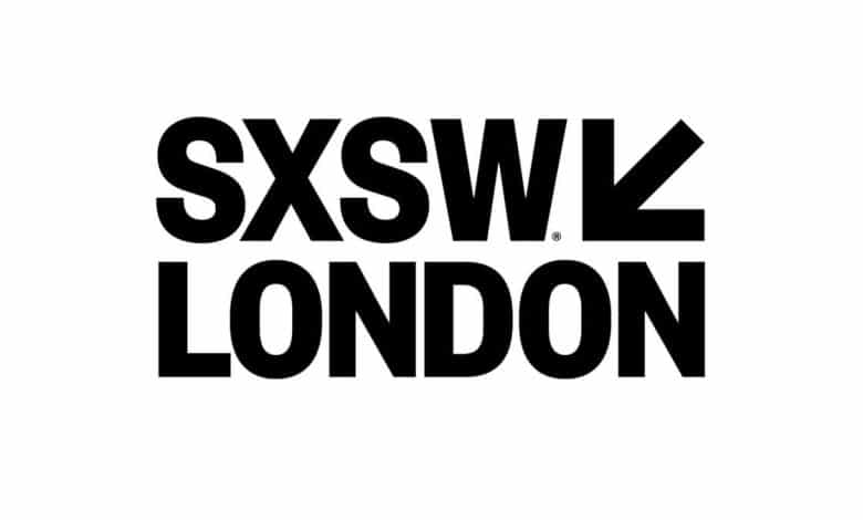 The image shows a logo reading "sxsw london" in bold, black uppercase letters against a white background. the letters are closely spaced, and there is a registered trademark symbol after "london".