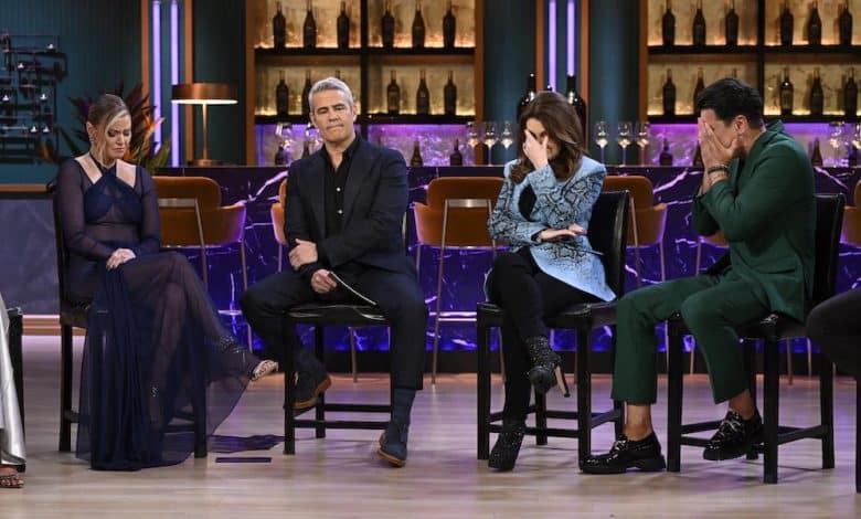 Four people seated on high stools on a tv set that resembles a bar, with shelves of bottles in the background. two women and two men appear engaged in a serious conversation. the setting is well-lit and modern.