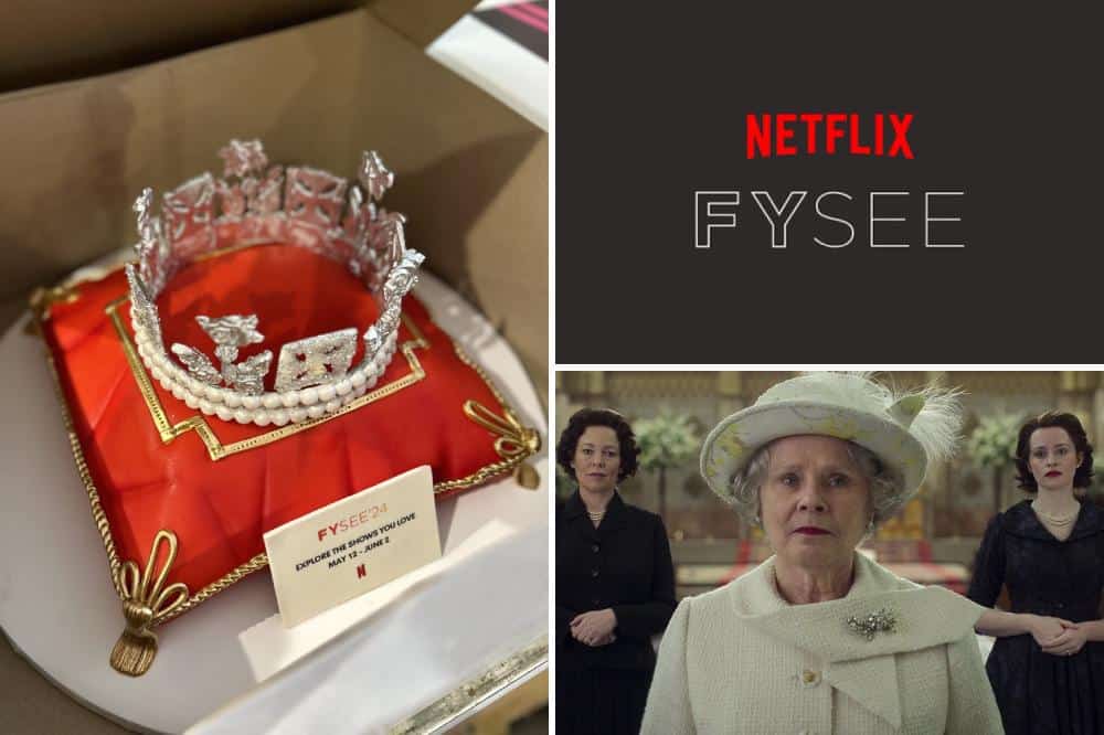 This image features a netflix fysee promotional collage. on the left, there's an ornate crown on a red cushion in a box labeled "fysee". the right side shows the netflix fysee logo and an image of three women in vintage attire, with the central figure in a white hat and pearls.