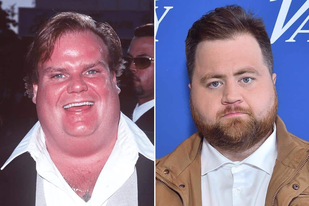 Side-by-side photos of two men with similar facial features, one on the left from a past red carpet event smiling, and one on the right from a recent event looking serious, dressed in modern attire.