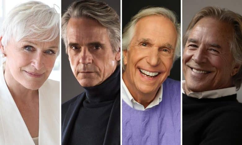 Four headshots of elderly actors displaying cheerful to serious expressions. from left to right: a white-haired woman, two gray-haired men in dark clothes, and one man with light-colored hair smiling broadly.