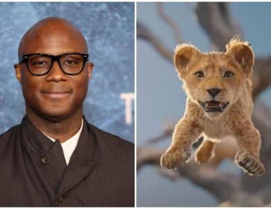 A split image: on the left, a smiling bald black man in glasses wearing a dark collared outfit against a textured blue backdrop. on the right, a young animated lion cub leaping joyfully mid-air against a blurred natural background.